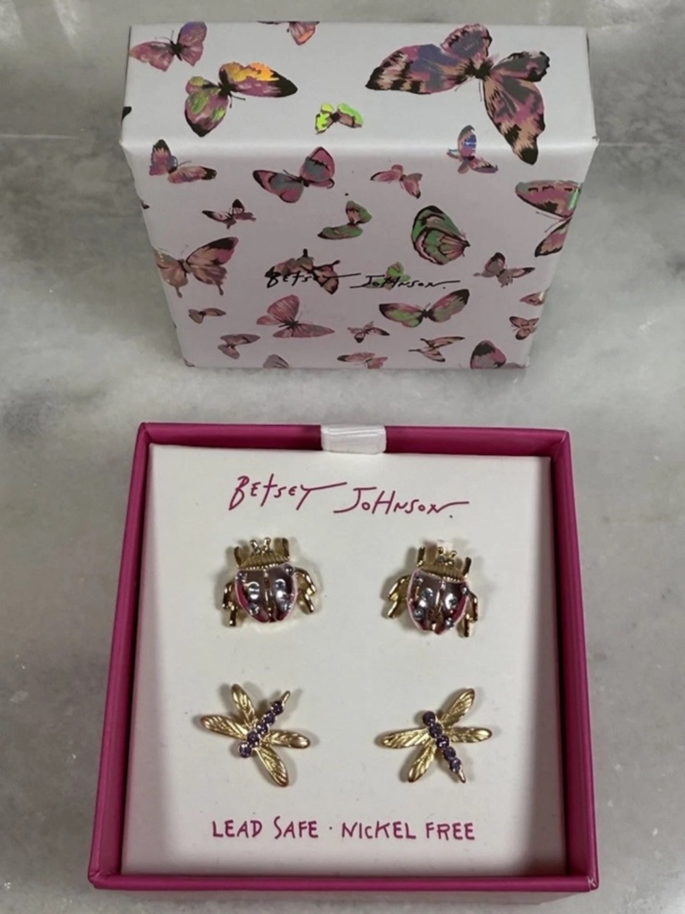 Betsey Johnson 2 Pair Stud Earring Set Ladybug & Dragonfly Crystal Accents NIB